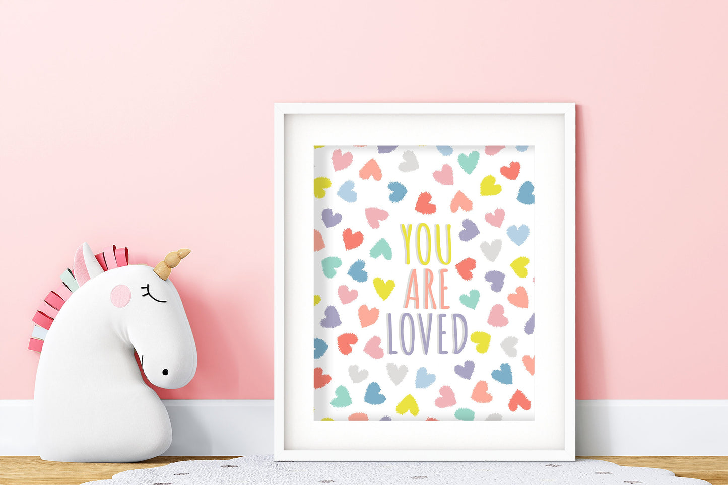 You Are Loved Print: Colorful Hearts Nursery Decor