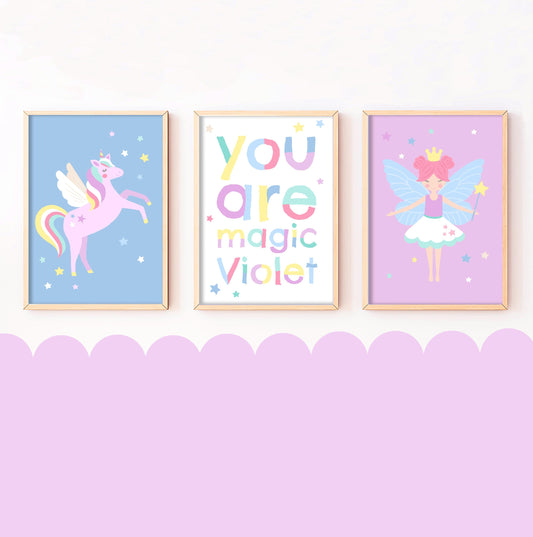 Personalised Unicorn & Fairy Print Set: Magical Kids Room Decor