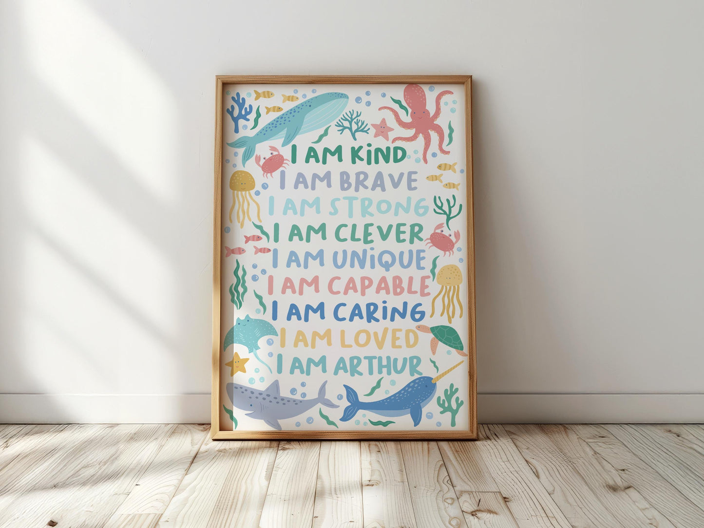 Personalised sea life affirmation print: kids nursery decor