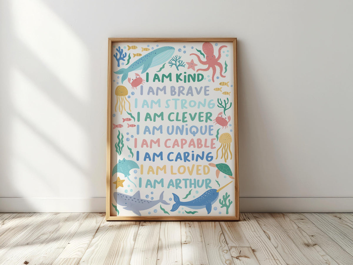 Personalised sea life affirmation print: kids nursery decor