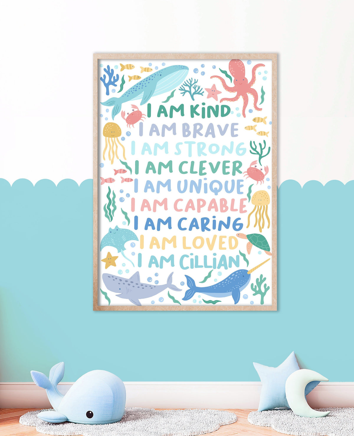 Personalised sea life affirmation print: kids nursery decor