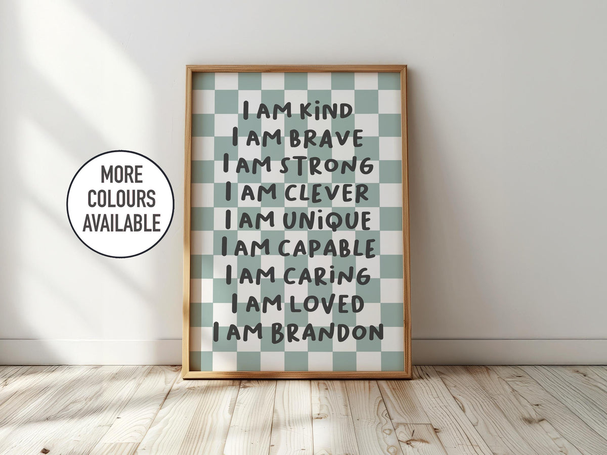 Personalised checkerboard affirmation print: kids nursery decor