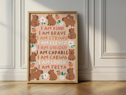 Personalised capybara affirmation print: nursery wall art