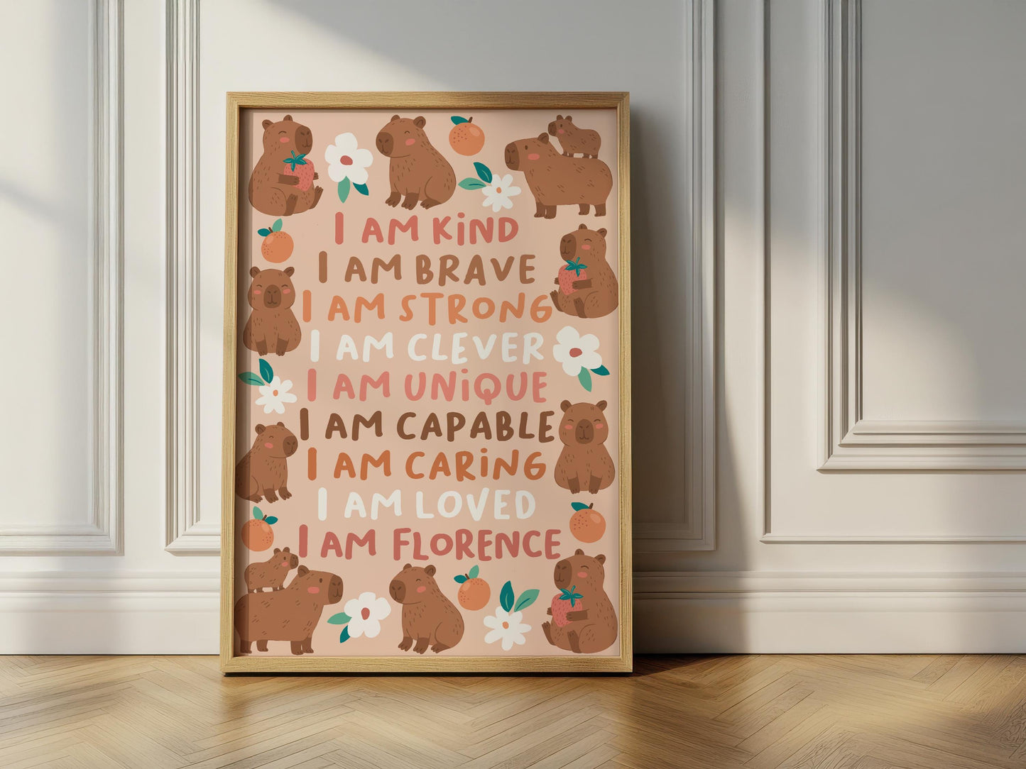 Personalised capybara affirmation print: nursery wall art