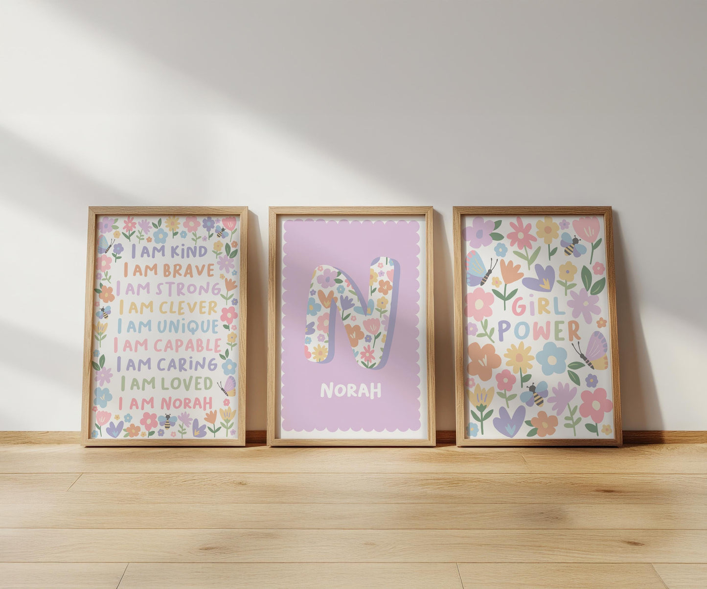 Floral nursery print set: personalised name, affirmation, girl power art