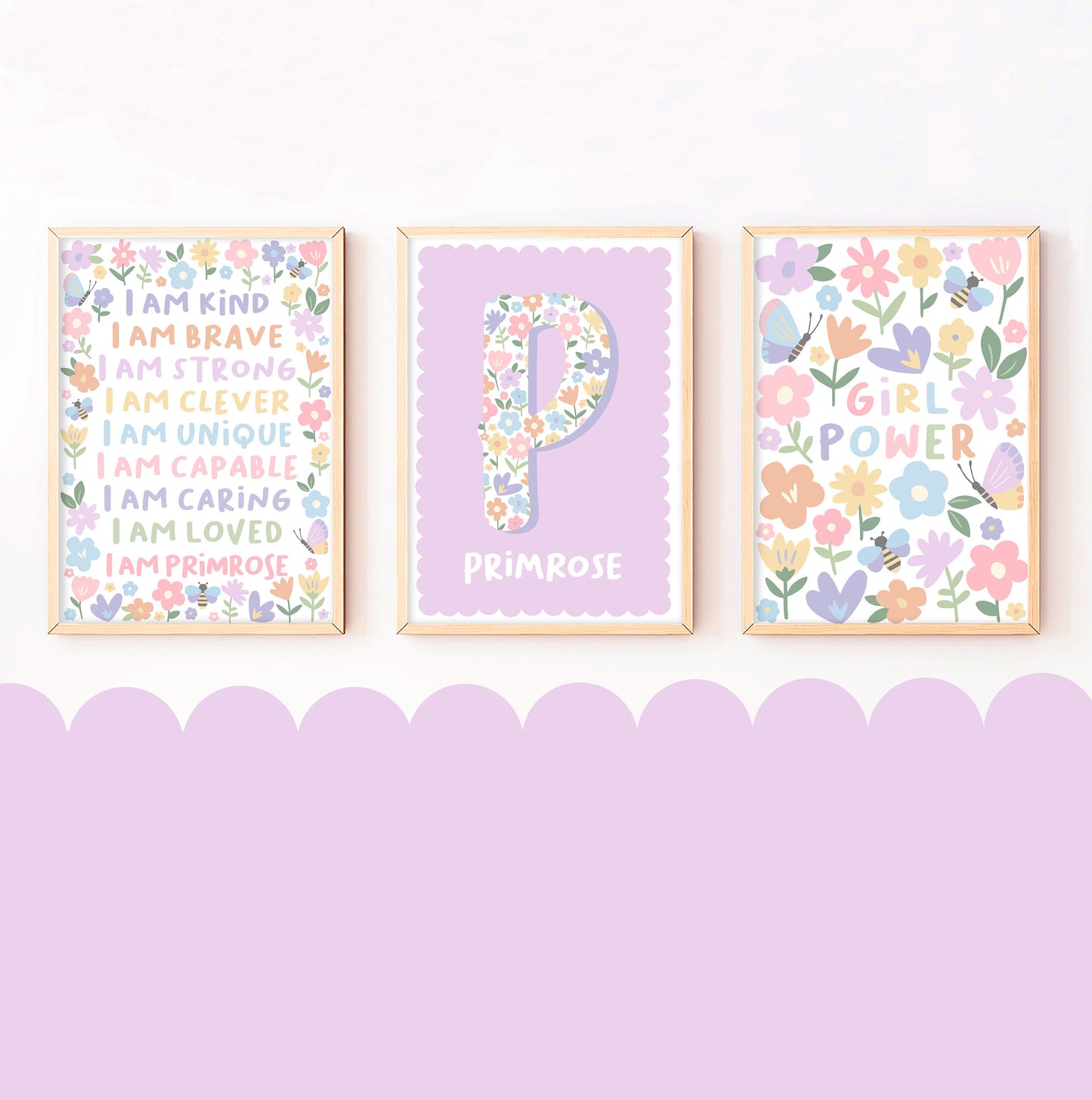 Floral nursery print set: personalised name, affirmation, girl power art