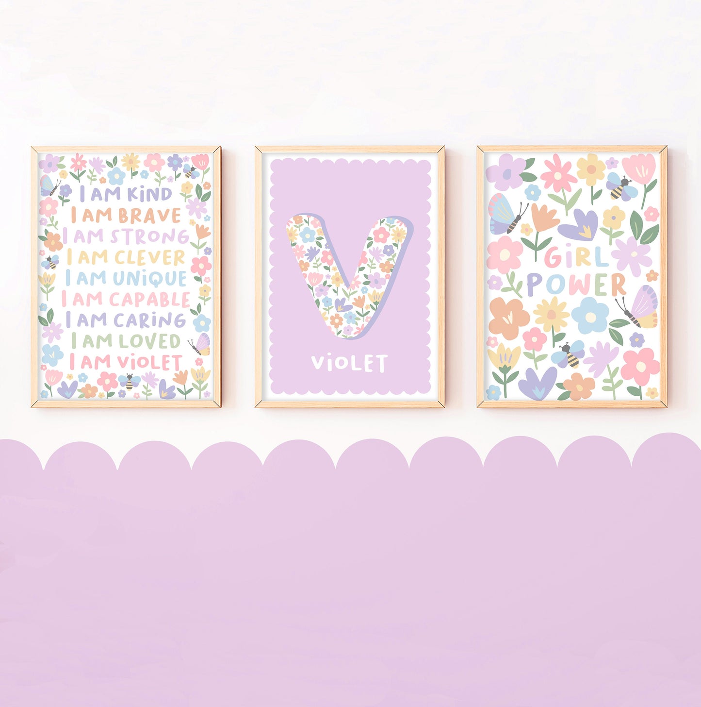 Floral nursery print set: personalised name, affirmation, girl power art