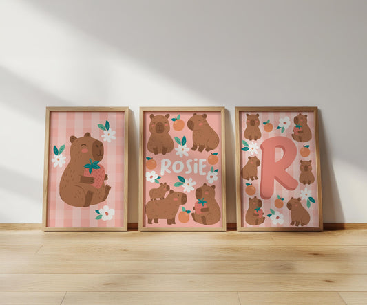 Personalised capybara print set: girls bedroom wall art