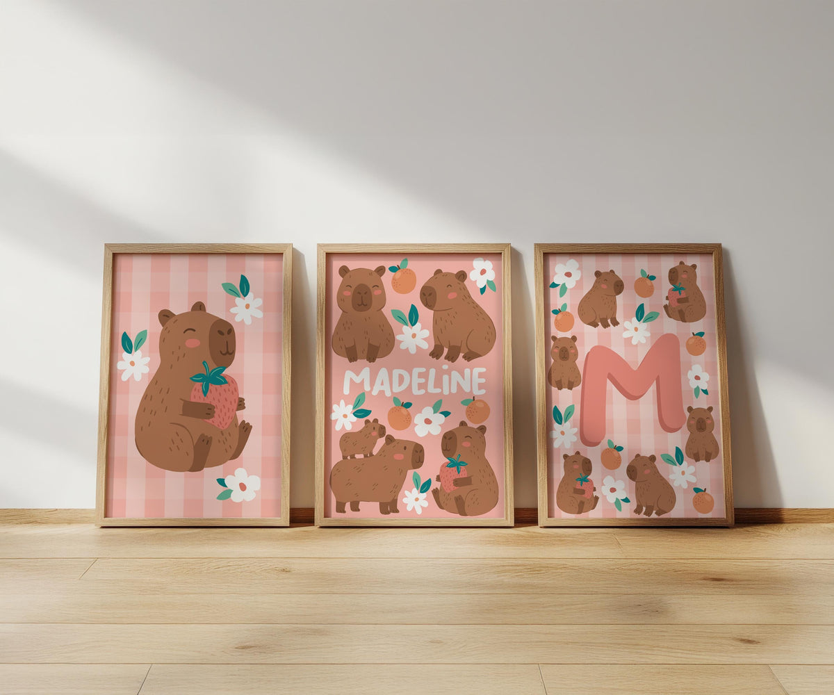 Personalised capybara print set: girls bedroom wall art