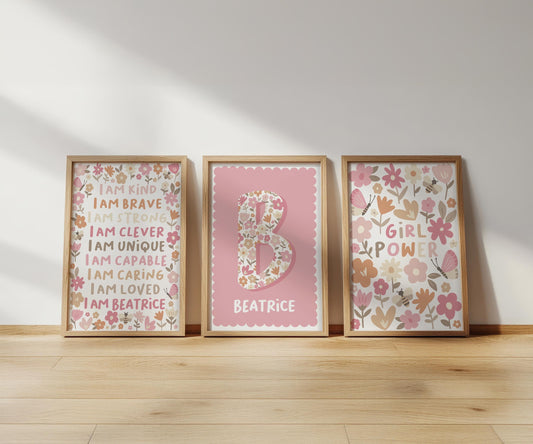 Floral nursery print set: personalised name, affirmation, girl power art