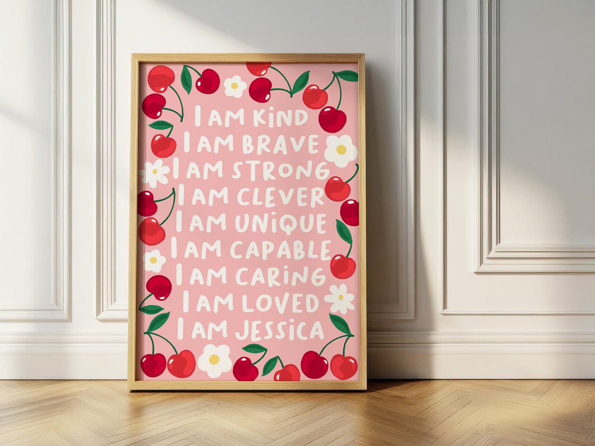 Personalised cherry affirmation print: nursery wall art