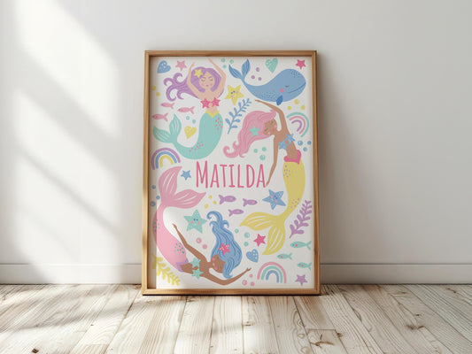 Personalised mermaid print: girls nursery wall art