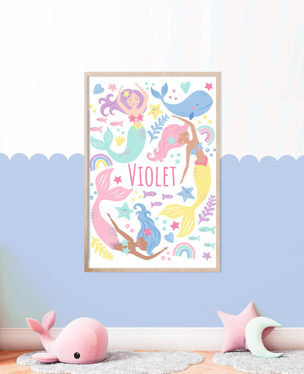 Personalised mermaid print: girls nursery wall art