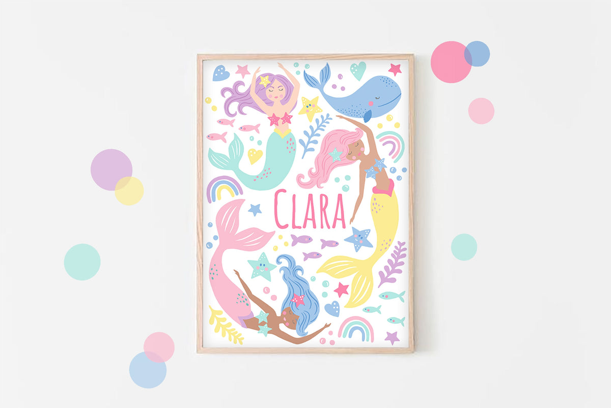 Personalised mermaid print: girls nursery wall art