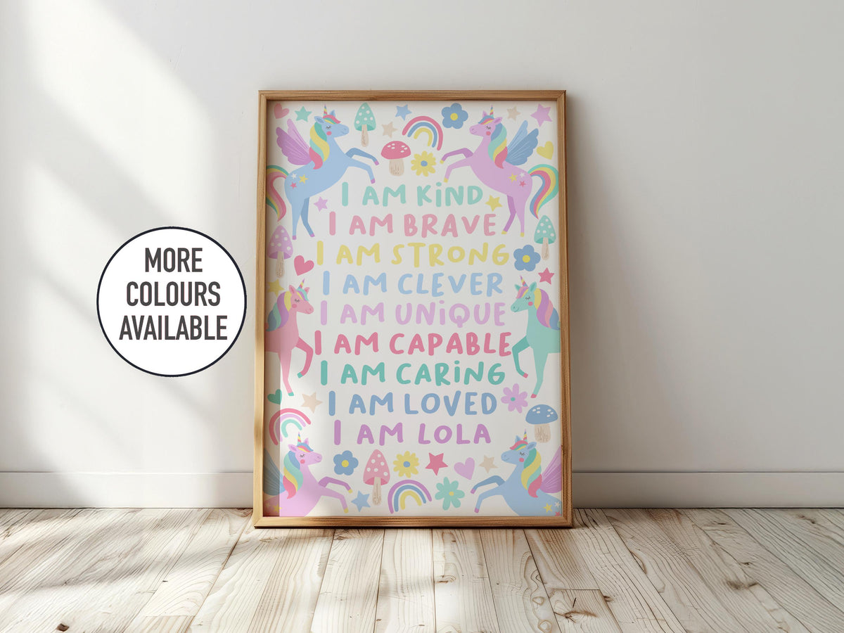 Personalised unicorn affirmation print: pastel nursery decor
