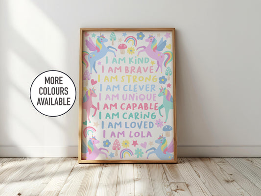 Personalised unicorn affirmation print: pastel nursery decor
