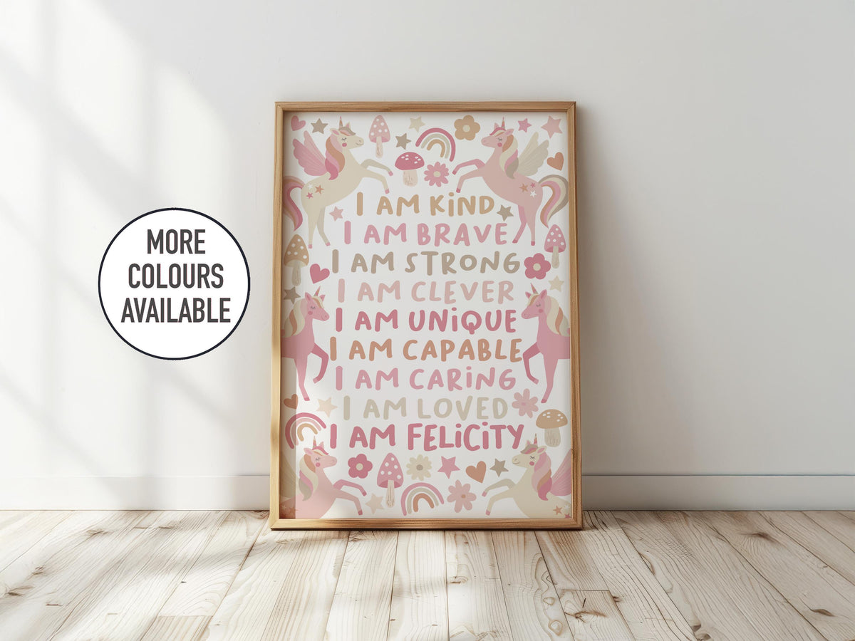 Personalised unicorn affirmation print: pastel nursery decor