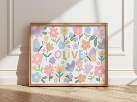 Personalised flower meadow print: colorful kids wall art