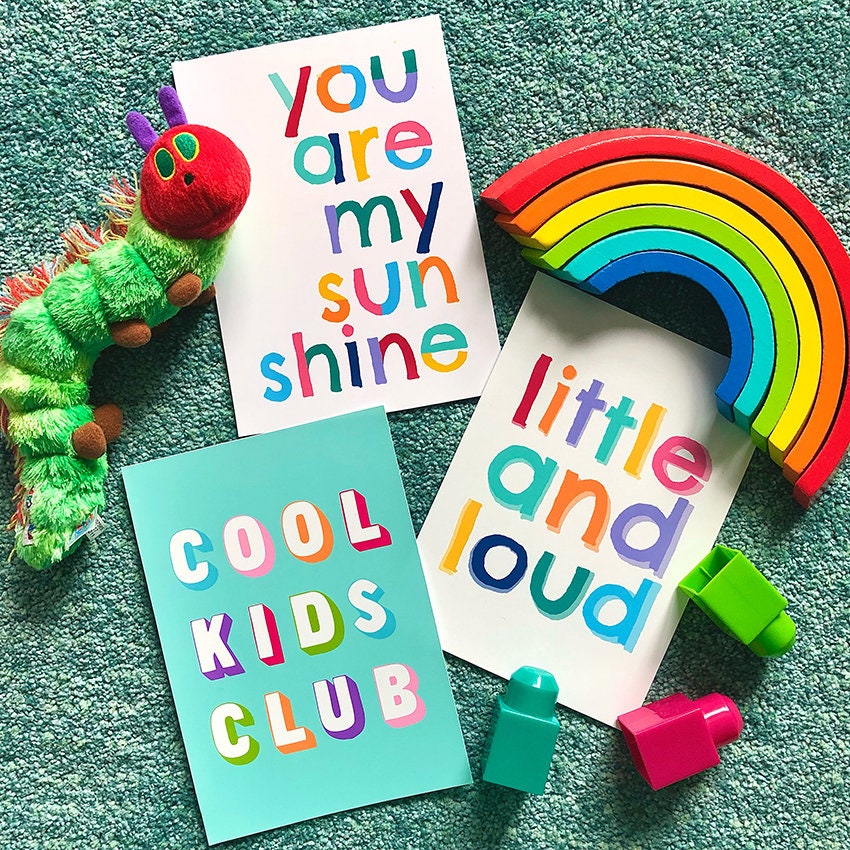 Little and loud colourful fun kids text wall art nursery bedroom print poster