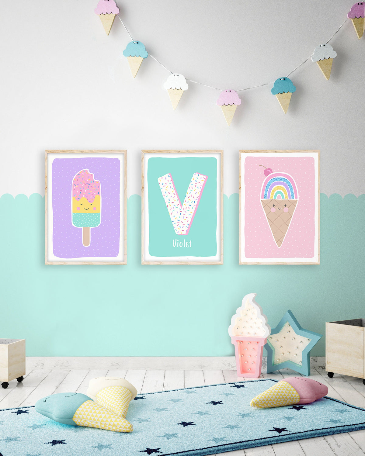 Personalised ice cream prints: kids playroom wall art set