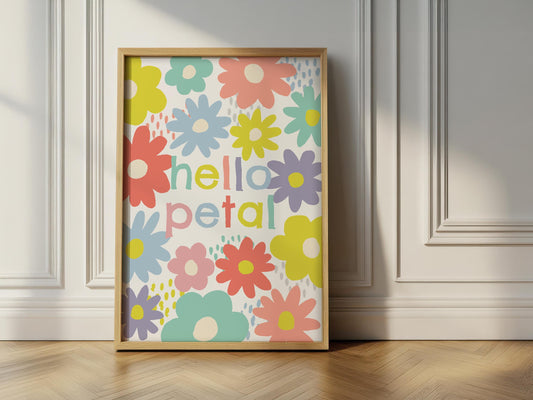Hello Petal - Floral Nursery Print, Colourful Kids Bedroom Wall Art