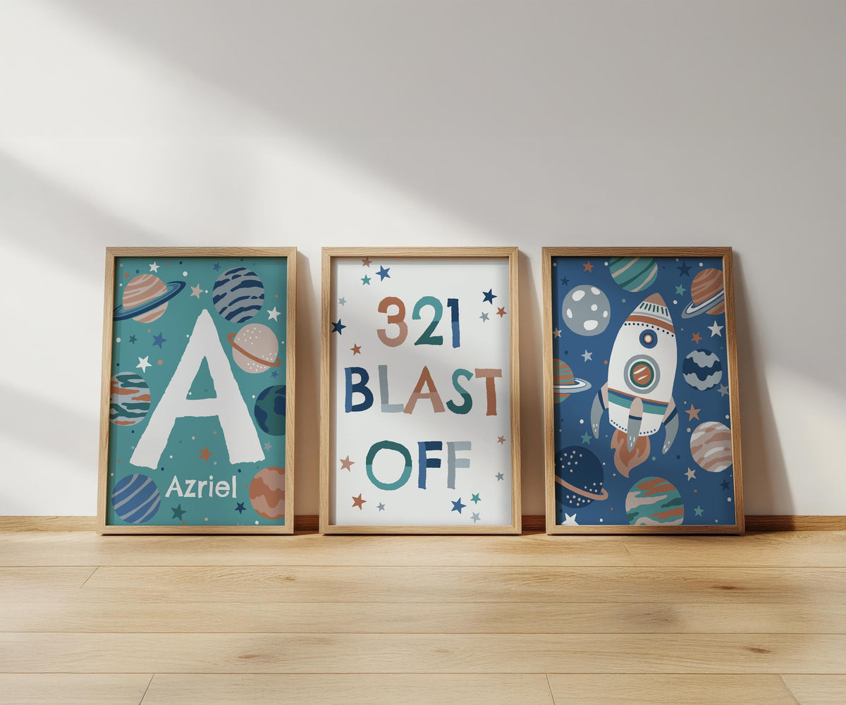 Personalised Space Print Set: Rocket, Planets, Stars - Kids Room Decor
