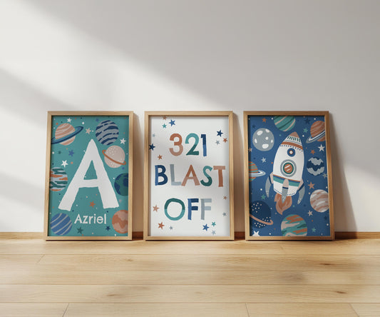 Personalised Space Print Set: Rocket, Planets, Stars - Kids Room Decor