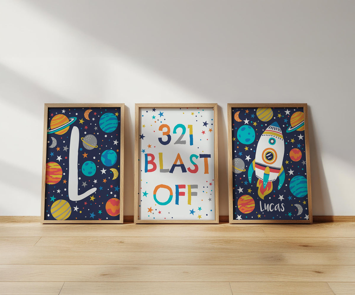 Personalised Space Print Set: Rocket, Planets, Stars - Kids Room Decor