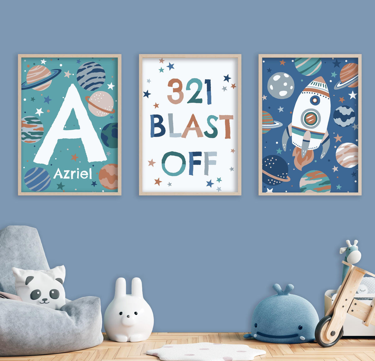 Personalised Space Print Set: Rocket, Planets, Stars - Kids Room Decor