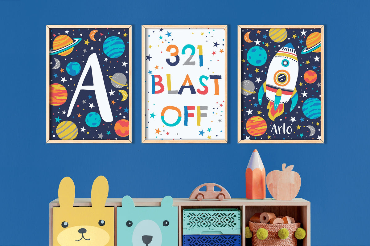 Personalised Space Print Set: Rocket, Planets, Stars - Kids Room Decor