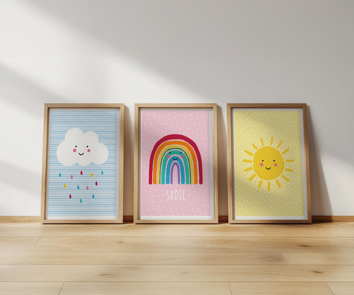 Rainbow, cloud & sunshine weather prints: playroom wall art