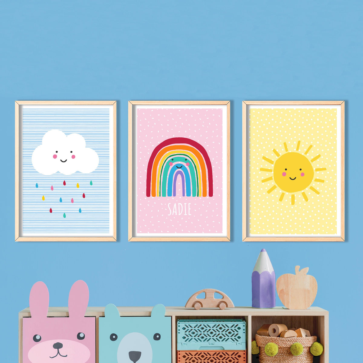 Rainbow, cloud & sunshine weather prints: playroom wall art