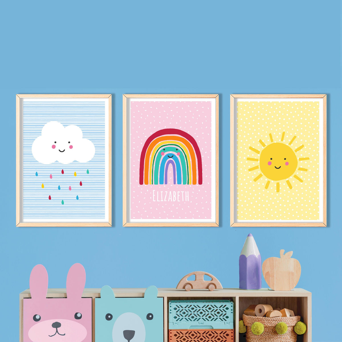 Rainbow, cloud & sunshine weather prints: playroom wall art