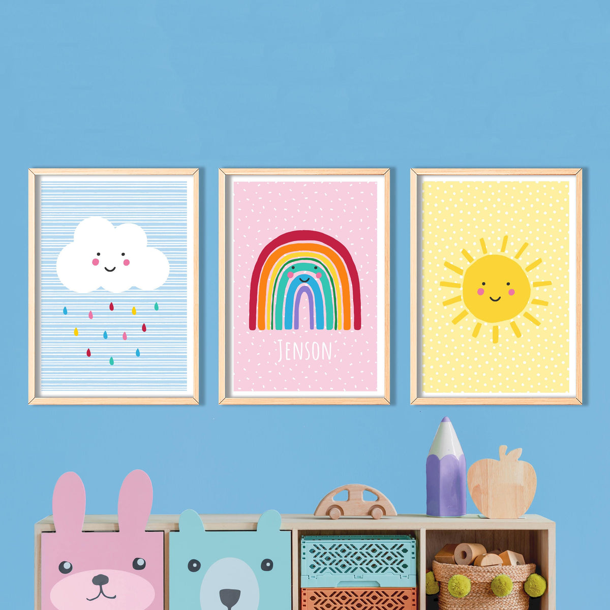 Rainbow, cloud & sunshine weather prints: playroom wall art