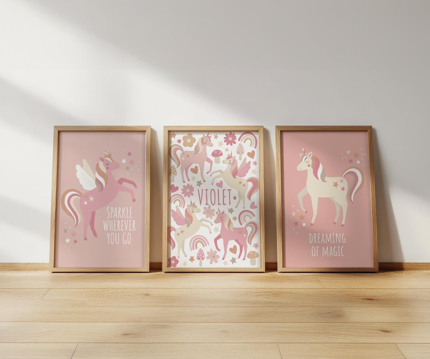 Personalised Unicorn Print Set: Natural Nursery Wall Art
