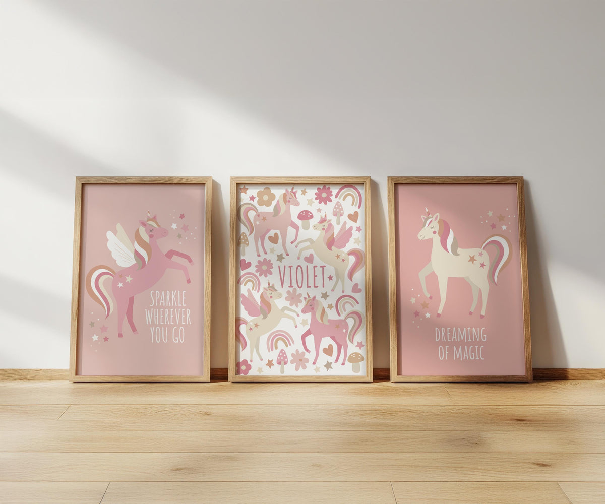 Personalised unicorn print set: natural nursery wall art