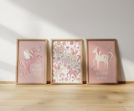 Personalised unicorn print set: natural nursery wall art