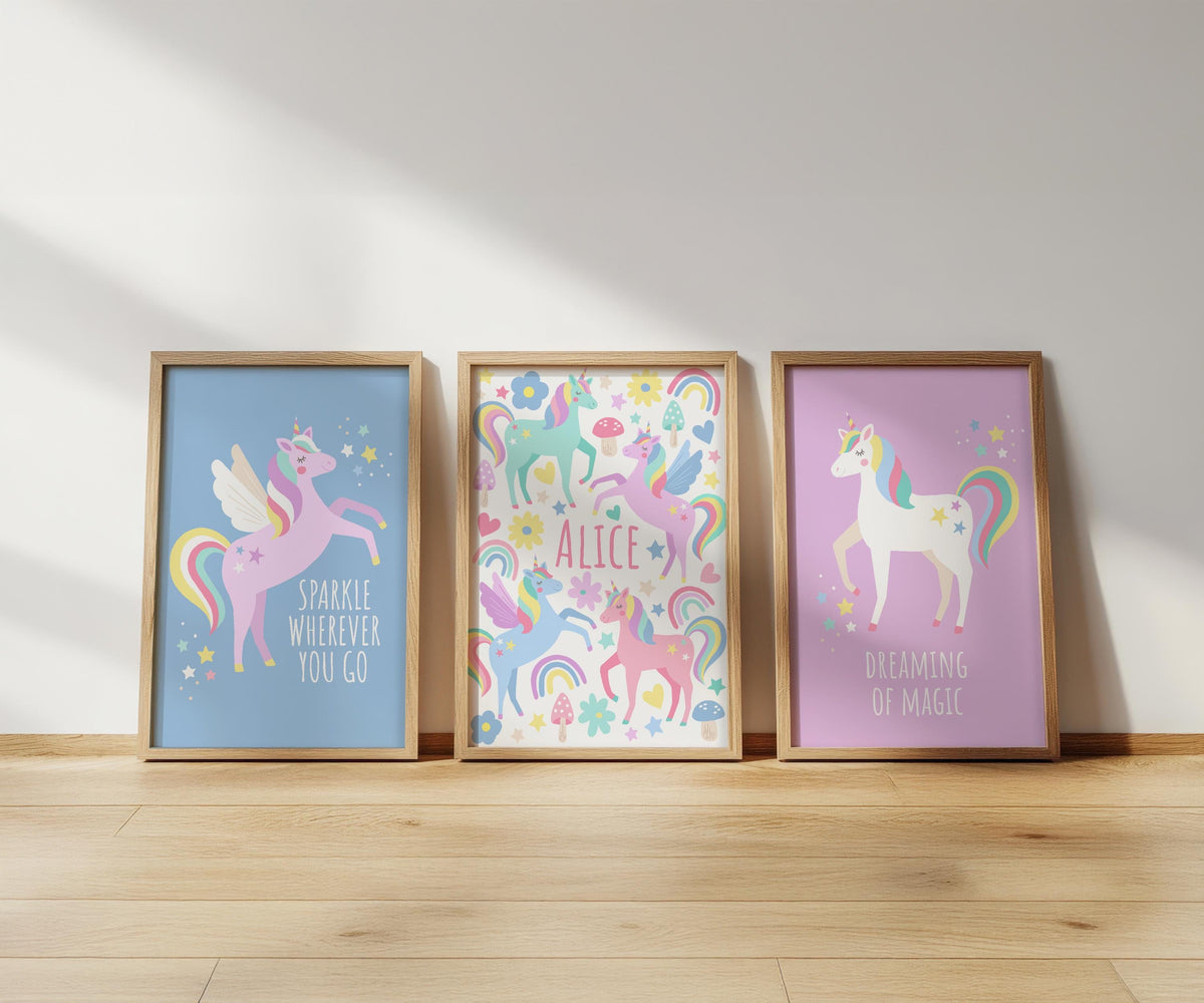 Personalised unicorn print set: natural nursery wall art