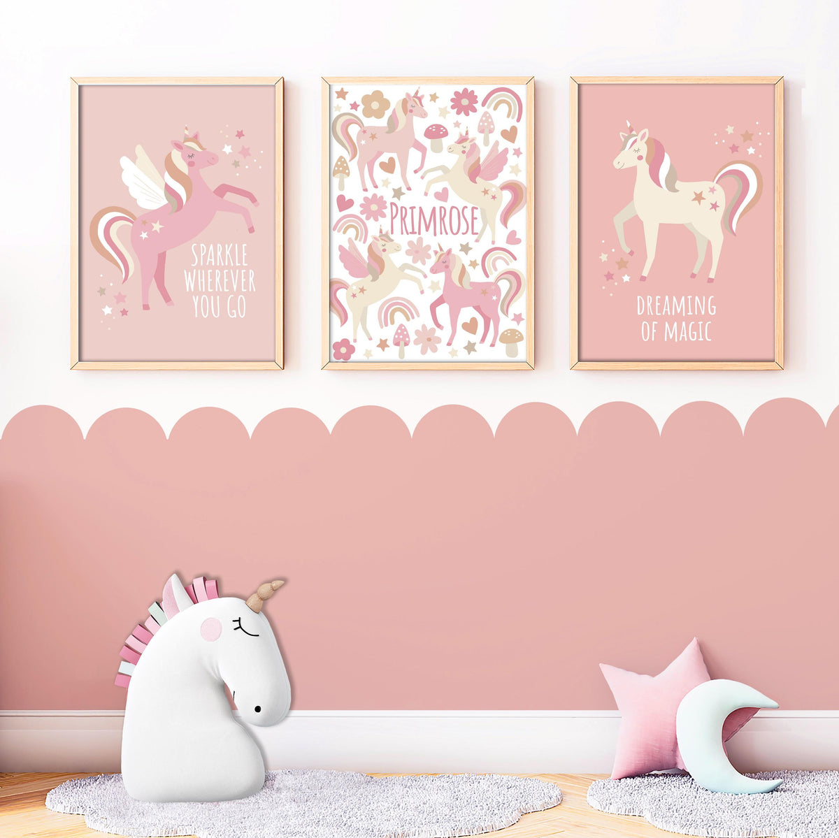 Personalised unicorn print set: natural nursery wall art