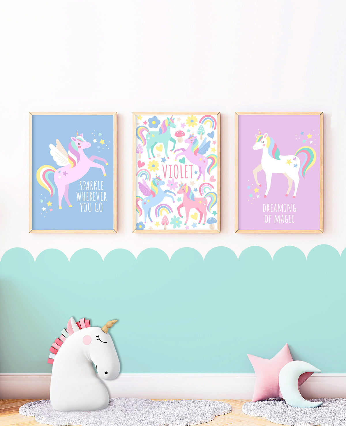 Personalised unicorn print set: natural nursery wall art