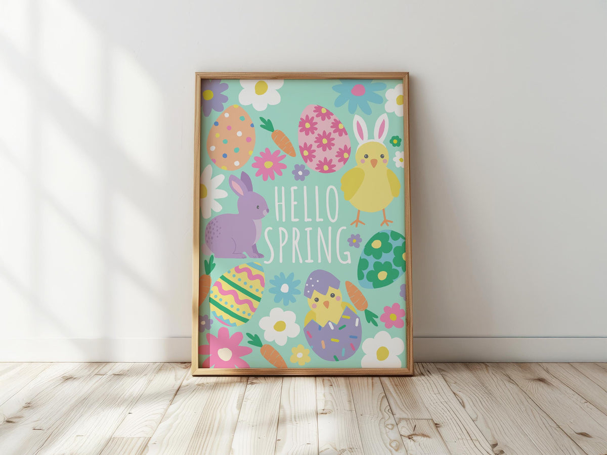 Hello spring - cute easter wall art, fresh spring decor, pastel colours print, kids room, children's room decor