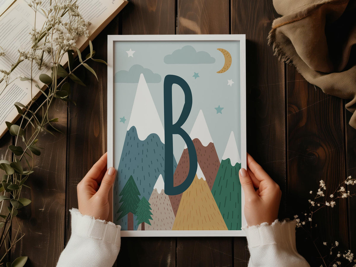 Mountains initial print: personalised nursery wall art