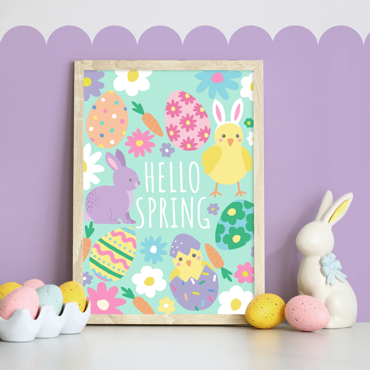 Hello spring - cute easter wall art, fresh spring decor, pastel colours print, kids room, children's room decor