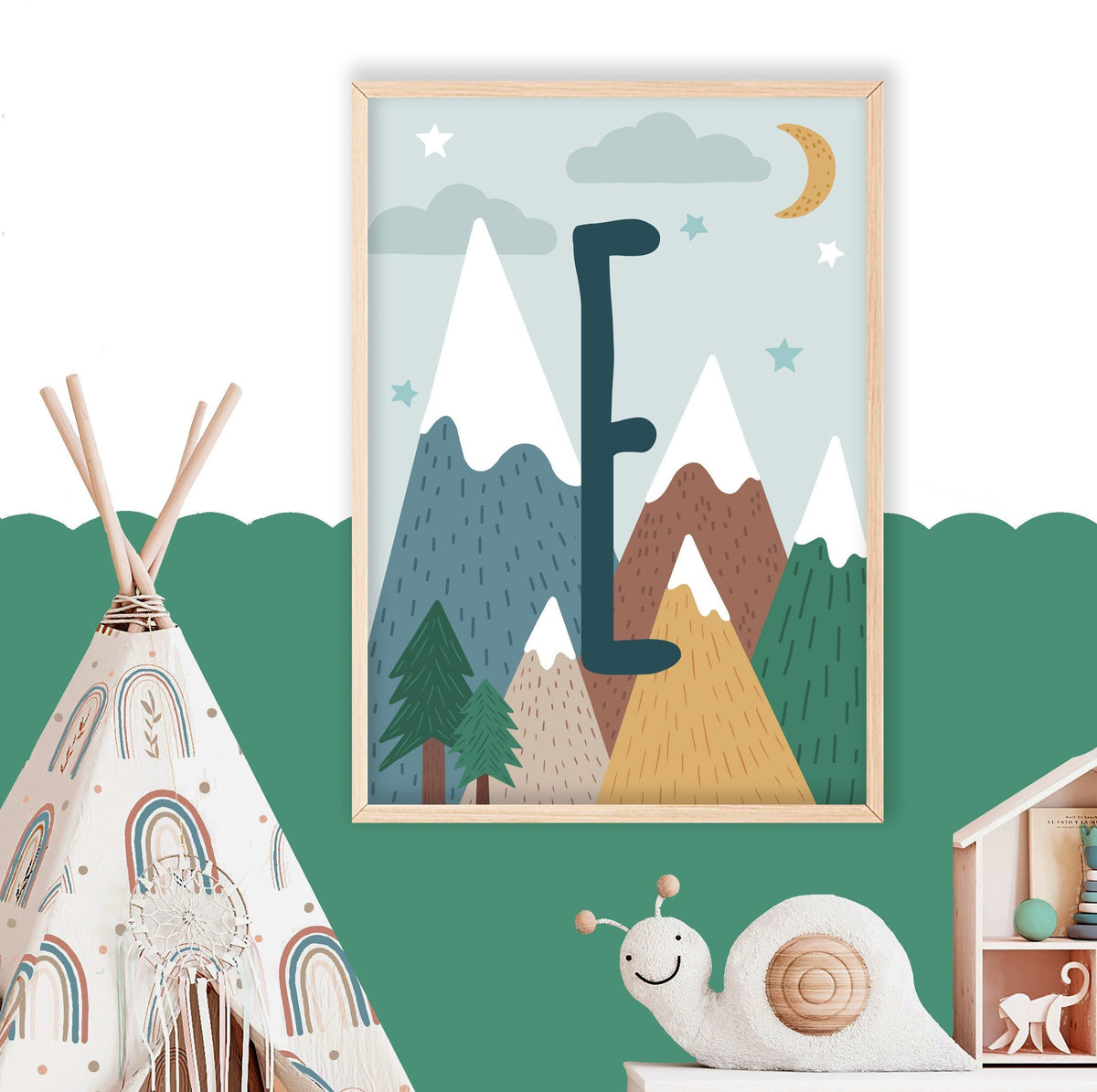 Mountains initial print: personalised nursery wall art