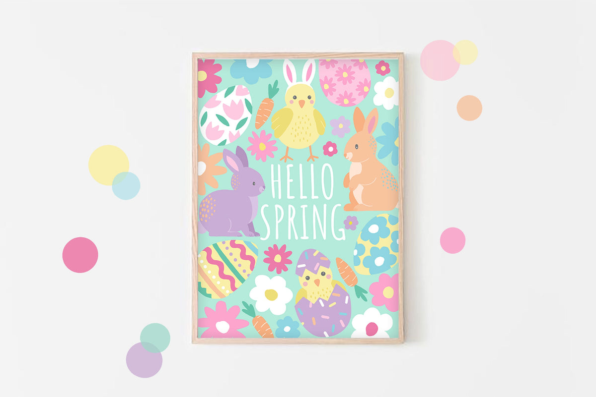 Hello spring - cute easter wall art, fresh spring decor, pastel colours print, kids room, children's room decor