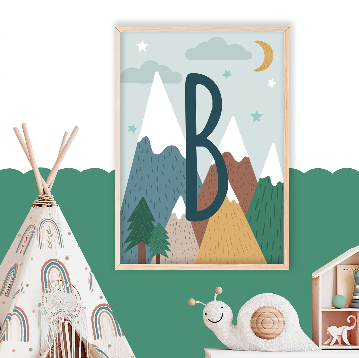 Mountains initial print: personalised nursery wall art