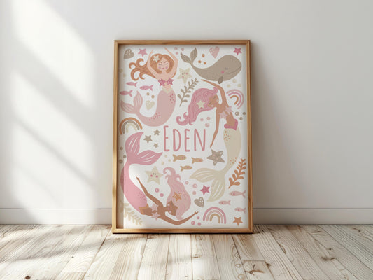 Personalised mermaid print: girls nursery wall art