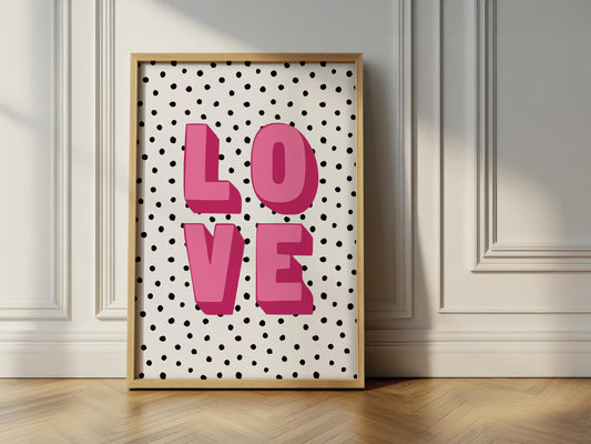 LOVE - Pink Dotty Wall Art, Valentine's Gift, Playroom Print, Gallery Wall Decor