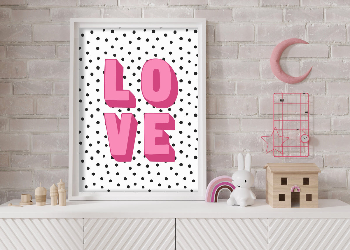 LOVE - Pink Dotty Wall Art, Valentine's Gift, Playroom Print, Gallery Wall Decor