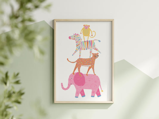 Safari animals print: balancing act, colourful nursery wall art
